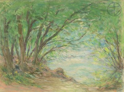 painting of a dirt road with trees on both sides and a sign on the other side