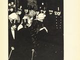 an old book with a drawing of a group of people walking down a street