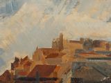 painting of a view of a town with a church in the distance