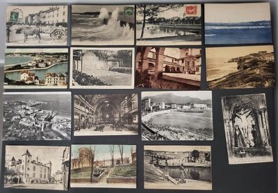 several old postcards of old photos of a town and a river