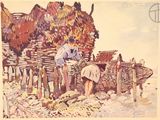 a painting of a man working on a horse drawn wagon