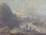 tableau représentant un homme et un chien dans un paysage rocheux