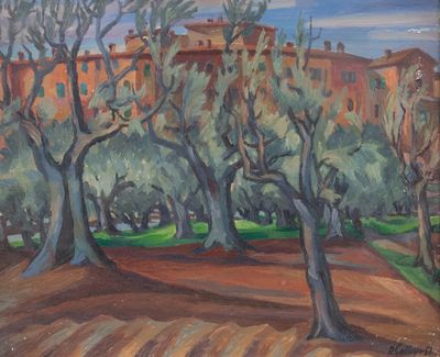 une peinture à l'huile représentant des arbres dans un parc, avec des bâtiments en arrière-plan