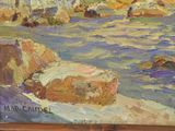 an oil painting of a beach scene with rocks in the water
