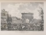 a drawing of a crowd of people standing in front of a building