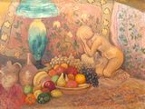 un tableau représentant une femme assise sur un canapé à côté d'un bol de fruits