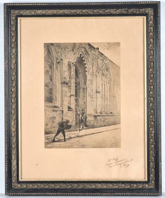 a black and white drawing of a man walking down a street