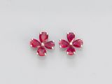 a pair of ruby colored earrings on a white surface