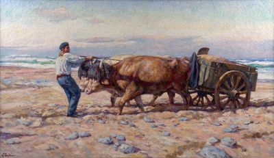 une peinture représentant un homme labourant un champ avec deux chevaux