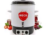a white crock pot with a black lid and a red sticker that says weck