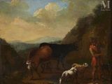 tableau représentant un homme et une vache dans un paysage montagneux