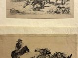 deux dessins représentant un homme à cheval et un homme à cheval accompagné d'un chien