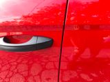 a cat that is sitting on the door handle of a red car