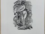 a black and white drawing of a man holding a dog
