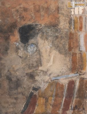 tableau représentant un homme assis sur une chaise, coiffé d'un chapeau