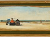 une image représentant un tableau où l'on voit des gens sur la plage avec des parasols