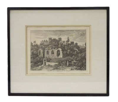 a black and white drawing of a castle on a hill