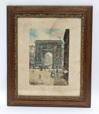 an old picture of a painting of a street scene in a frame