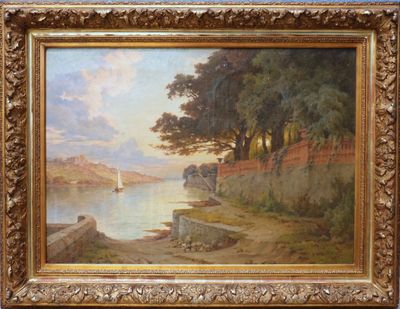 tableau représentant une scène fluviale avec un voilier au loin