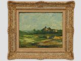 an oil painting of a landscape with a castle in the distance