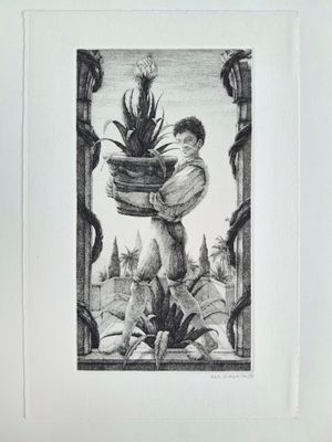 une image représentant le dessin d'une femme portant une plante en pot