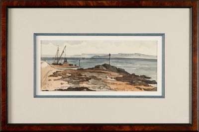 framed watercolor painting of a beach scene with a boat in the distance