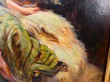 un tableau représentant une femme assise sur une chaise avec un chien