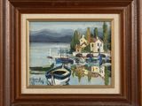 une peinture à l'huile représentant des bateaux dans un port, avec une église en arrière-plan