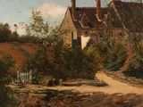 une image représentant un tableau représentant une scène de vie à la ferme avec un cheval et un chien