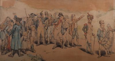 tableau représentant un groupe d'hommes debout devant un mur