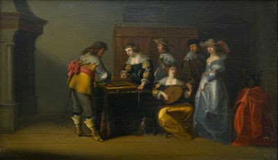 une image représentant un tableau où l'on voit un groupe de personnes jouant du luth