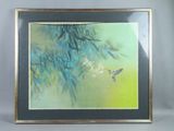 painting of a hummingbird and a hummingbird in flight in front of a green background