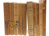 plusieurs vieux livres sont alignés sur une surface blanche