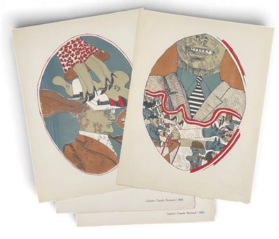 deux gravures représentant un homme en costume et une femme portant un chapeau rouge
