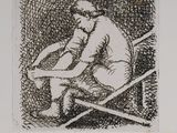 drawing of a man sitting in a chair with a baseball bat