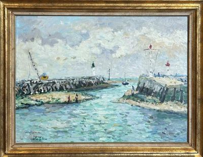 tableau représentant une vue d'un port avec des bateaux sur l'eau et des gens faisant voler des cerfs-volants