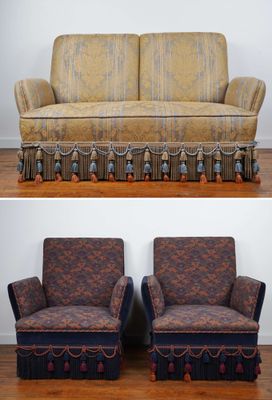 deux photos d'un canapé et d'un fauteuil dans la même pièce