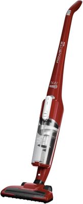 l'aspirateur est rouge et argenté, avec une poignée noire