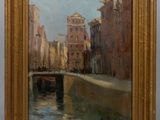 an oil painting of a canal with buildings and a boat in the water