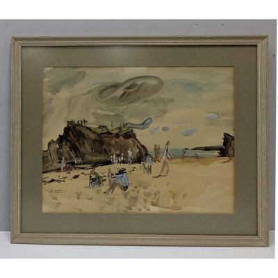 un tableau représentant des personnes marchant sur la plage au bord de l'eau