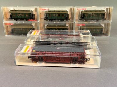 Plusieurs trains miniatures sont posés dans des boîtes transparentes sur une table