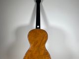 an acoustic guitar on a stand against a white background