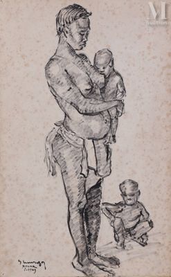 un vieux dessin représentant un homme tenant un bébé et un petit enfant dans ses bras