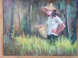a painting of a woman with a straw hat in a field