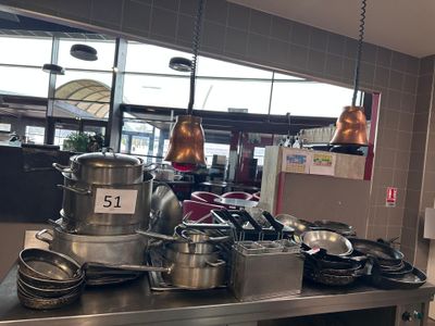 many pots and pans on the counter in the kitchen