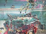 painting of a car in a pool with people in it