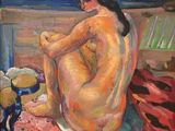 une peinture à l'huile représentant une femme nue assise sur un lit près d'une fenêtre