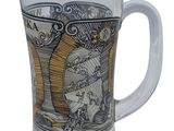 a glass mug with a picture of a woman on it