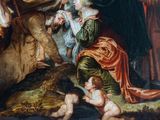 a painting of a man kneeling down with a baby