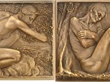 two bronze sculptures of a nude woman and a bird in a field